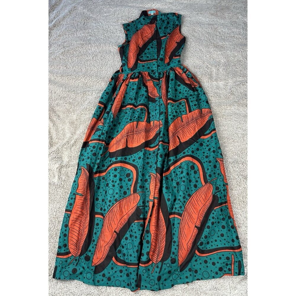 SIKA Ghana Handmade Cotton Maxi Dress Teal Orange Banana Leaf Print Size 4 - Picture 2 of 16